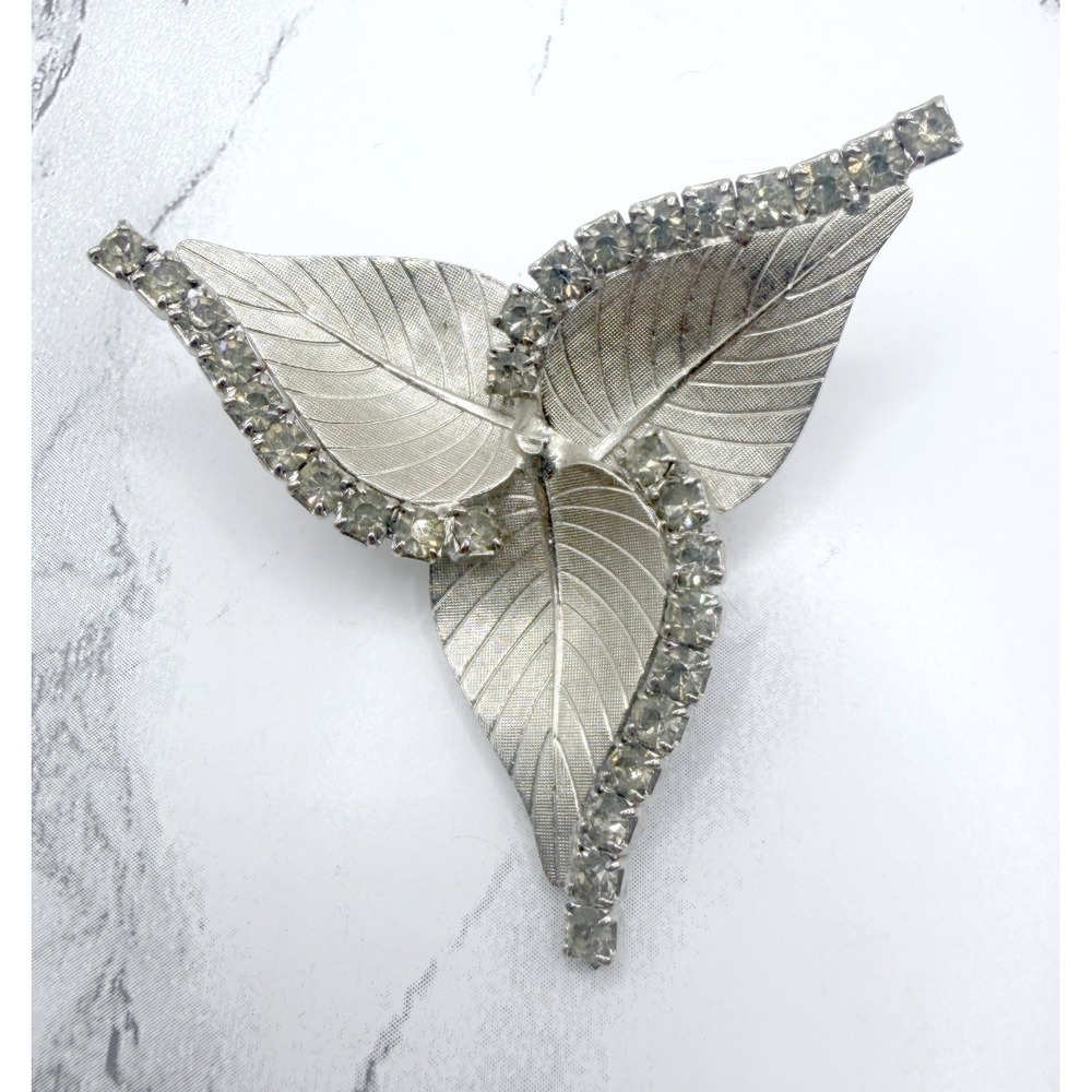 Vintage Silver Tone Leaf Brooch Clear Rhinestone Botanical‎ Pin 2 Inch